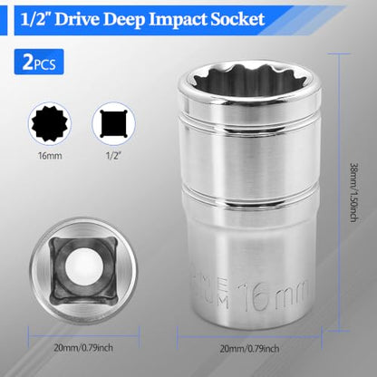 2 Pcs 1/2" Drive 16mm Shallow Impact Socket | Anti-Rounding 12 Point Design, Square Chamfered Opening, Easy Removal of Axle Nut - color: Shallow, size: 16mm