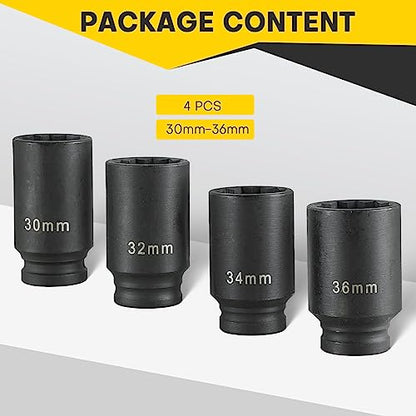 1/2" Drive Deep Spindle Axle Nut Impact Socket | 4 PCS Metric Axle Nut Socket Set, CR-MO, 12 Point Design, 30,32,34,36mm, 1/2 Inch Heavy Duty Deep Impact Socket Set