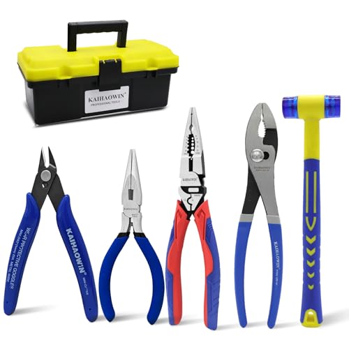 KAIHAOWIN 6-Piece Tool Set with Case, 8.8” Long Nose, Slip Joint Pliers,5” Needle Nose, 5" Flush Cutter, Rubber Mallet for Repairing & Home Use - color: Mallet Set