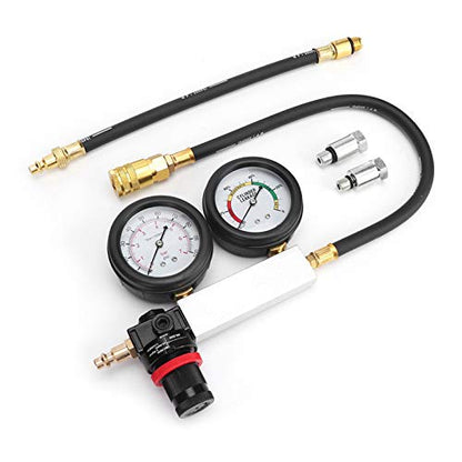 Cylinder Leakage Detector with Dual Pressure Gauges – Engine Compression Leakdown Tester Kit for Piston, Valve & Head Gasket Diagnosis, Includes Threaded Test Plugs for 14mm, 18mm, and Sizes