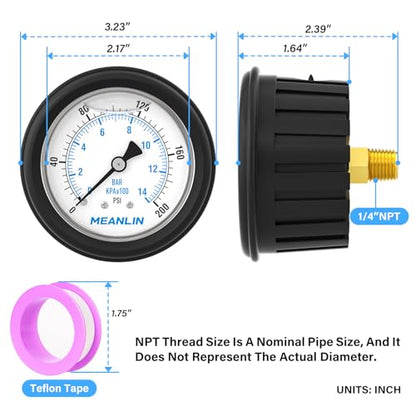 MEANLIN MEASURE 0~200Psi Stainless Steel Liquid Filled Pressure Gauge 1/4" NPT 2.5" FACE DIAL with Rubber Protective Sleeve, Center Back Mount - size: 0-200Psi