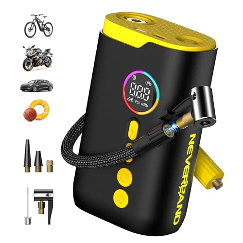 Neverland Tire Inflator Portable Air Compressor - 150 PSI Electric Air Pump for Car Tires with Auto Shutoff Function, Cordless Tire Air Pump for Bicycle, Motorcycle with Gauge - color: black+yellow