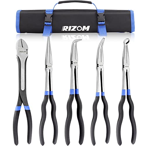 RIZOM 5-Piece 11 Inch Long Needle Nose Pliers Set, Extra Long Reach Pliers Set, 45°&90° Bent Needle Nose Pliers, Circle Nose and Diagonal Pliers for Narrow Spaces and Limited Areas - size: 5PCS