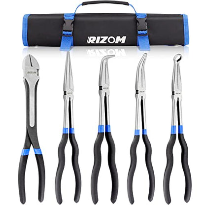 RIZOM 5-Piece 11 Inch Long Needle Nose Pliers Set, Extra Long Reach Pliers Set, 45°&90° Bent Needle Nose Pliers, Circle Nose and Diagonal Pliers for Narrow Spaces and Limited Areas - size: 5PCS