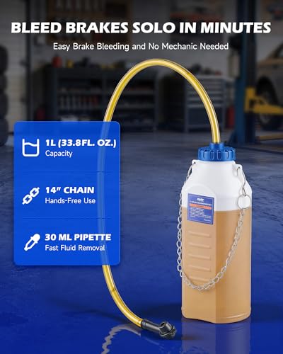 OMT 1L Brake Bleeding Tool Kit With 30ml Extractor For Solo Auto Service | Hands-Free Caliper Flush; 27-Inch Transparent Hose; Steel Mounting Chain; Durable Aluminum Cap; DIY Motorcycle Mechanics
