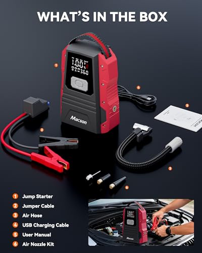 5000A Jump Starter with Air Compressor - Portable 12V Jump Box Battery Pack for 9.0L Gas/8.0L Diesel Engines, Car Jumper Starter Portable with 150PSI Tire Inflator, LED Screen, Fold-Up LED Flashlight