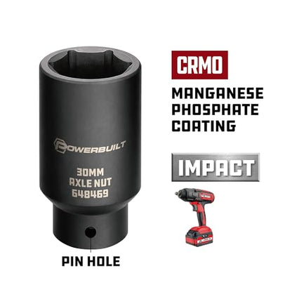 Powerbuilt 30mm Axle Nut Socket, 1/2-Inch Drive, 6 Point, Extra Deep, Remove Axles Shaft Nuts - 648469 - size: 30mm