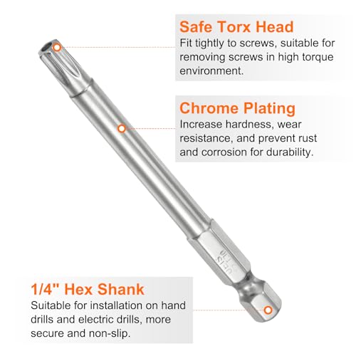 HARFINGTON 2pcs T30 Security Torx Bit 1/4" Hex Shank 3" Long S2 Steel Magnetic Tamper Resistant Star Bits Screwdriver Torx Head with Hole for Driver Drill Bits Remove Fastening Screws - size: T30