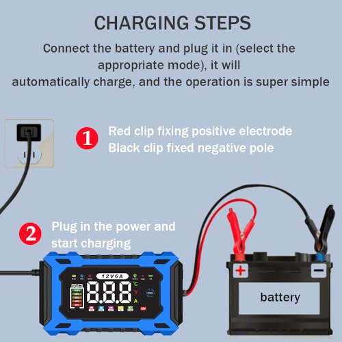 6-Amp 12V Smart Car Battery Charger, Battery Maintainer Trickle Charger with Desulfator, Pulse Repair & Overcharge Protection - for Car Lawn Mower Marine Lead-Acid Batteries (Blue) - color: Blue