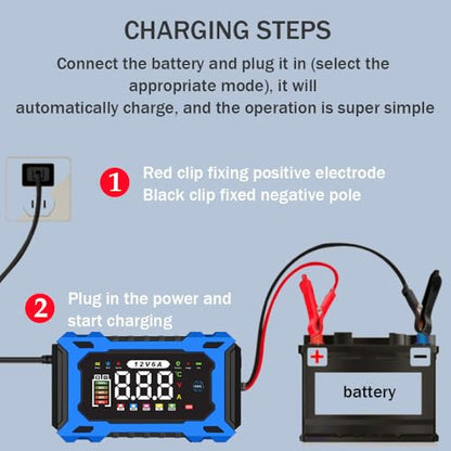 6-Amp 12V Smart Car Battery Charger, Battery Maintainer Trickle Charger with Desulfator, Pulse Repair & Overcharge Protection - for Car Lawn Mower Marine Lead-Acid Batteries (Blue) - color: Blue