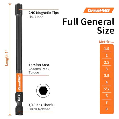 GRENPRO 11PCS Impact Hex Head Allen Wrench Drill Bit Set(Metric), 1/4" Hex Shank S2 Steel Magnetic Hex Bits, CNC Machined Tips, 4 Inch Length with Storage Box - size: 4" 11pcs(Metric)