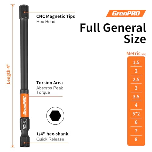 GRENPRO 11PCS Impact Hex Head Allen Wrench Drill Bit Set(Metric), 1/4" Hex Shank S2 Steel Magnetic Hex Bits, CNC Machined Tips, 4 Inch Length with Storage Box - size: 4" 11pcs(Metric)