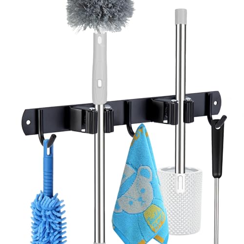 voze 2 Racks and 3 Hooks Mop and Broom Holder Wall Mount, Self Adhesive Heavy Duty Broom Organizer Storage Tool Racks for Kitchen Garden Laundry Garage - color: Black, size: 2 Racks 3 Hooks