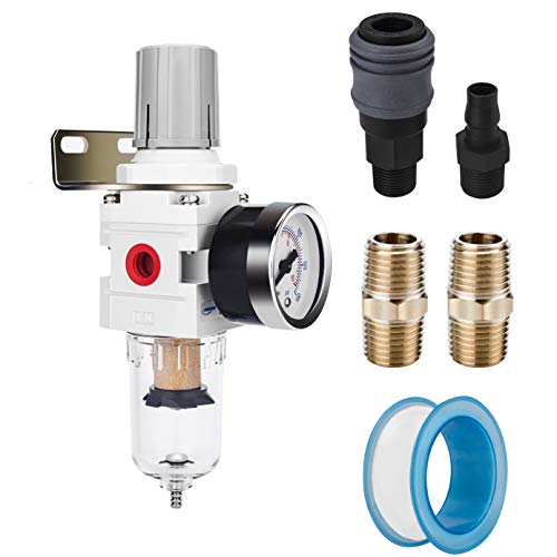 NANPU 1/4" NPT Air Compressor Filter & Pressure Regulator Combo w/Gauge | 5-micron brass element water/oil separator, poly bowl, semi-auto drain, 20 SCFM, 0-150 psi gauge—for airbrush & air tools - size: 1/4" NPT, style: Semi-Auto Drain