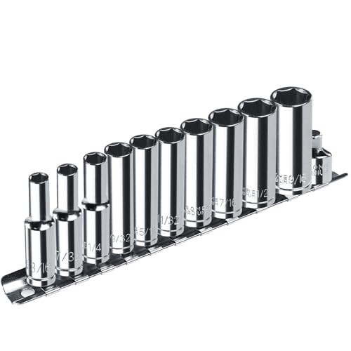 1/4” Drive SAE Socket Set, 11PCS Deep Hex Socket Set (3/16”-9/16”), Cover Most Commonly Sizes, Chrome Vanadium Steel with 3/8”F to 1/4”M Socket Adapter - size: 1/4-6PT-11PC
