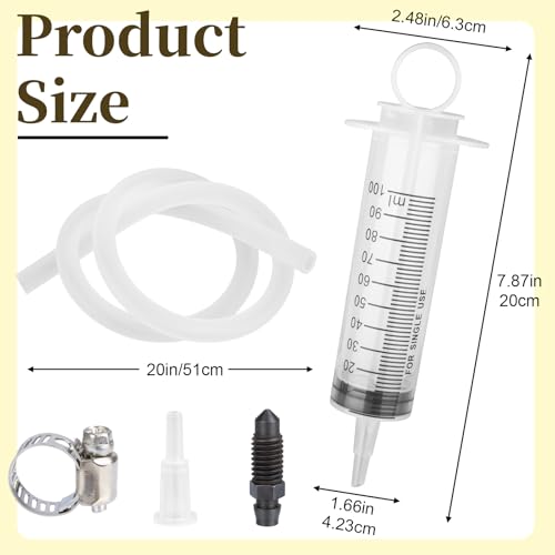 Motorcycle Brake Bleeder Kit, 100ml Pump Hydraulic Disc Bleeding Tool | 50cm hose & fittings. Compatible with motorcycles, cars & scooters. Reverse brake fluid flush. Easy one-person use.