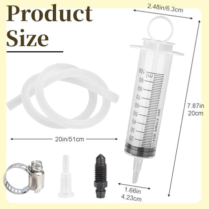 Motorcycle Brake Bleeder Kit, 100ml Pump Hydraulic Disc Bleeding Tool | 50cm hose & fittings. Compatible with motorcycles, cars & scooters. Reverse brake fluid flush. Easy one-person use.
