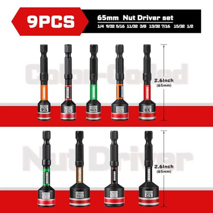 Geinxurn Impact Nut Driver Set, 9 Pieces 2.56 Inch Long Magnetic SAE Nut Setter Set 6 Point Alloy Steel Use 1/4” Hex Shank Impact Driver Stored in Portable Storage Cases for Repair - size: 2.56", style: 2.56"-S
