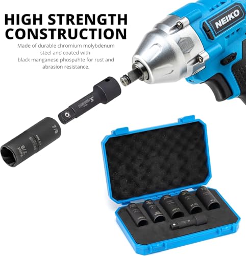 NEIKO 02340A Twist Socket Set, 6 Pc Lug Nut Extractor, SAE & Metric, 1/2 Inch Dr. Impact Flip, 6 Point, CR-Mo Steel Wheel, 3" Impact Extension Bar, Black - size: 6 Piece, Twist Set, style: Flip Socket