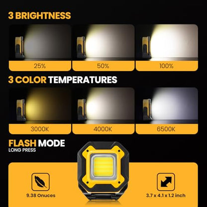 2-Pack 6000mAh Rechargeable LED Work Light, 16Hrs Long-Lasting 1200LM Waterproof Magnetic Job Site Lighting, 180° Rotating 4 Modes 6500K Work Lamp for Car Repair Mechanic Camping Fishing Emergency - color: Yellow