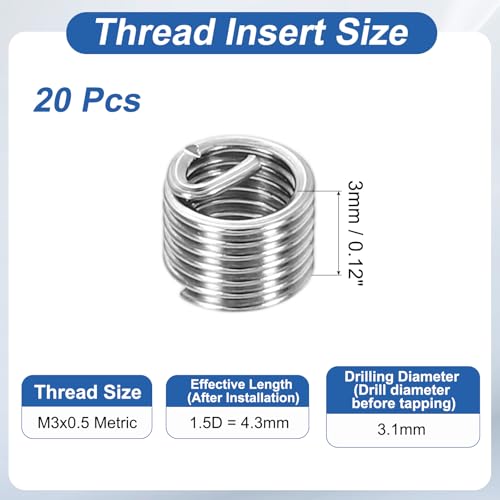 PATIKIL Wire Thread Inserts M3x0.5 Metric 1.5D 4.3mm, 20Pcs 304 Stainless Steel Helical Coiled Wire Screw Threaded Sleeve Sheath for Mechanical Equipment Automotive Repairs - size: M3x0.5, 4.3mm