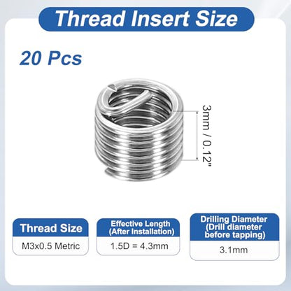 PATIKIL Wire Thread Inserts M3x0.5 Metric 1.5D 4.3mm, 20Pcs 304 Stainless Steel Helical Coiled Wire Screw Threaded Sleeve Sheath for Mechanical Equipment Automotive Repairs - size: M3x0.5, 4.3mm