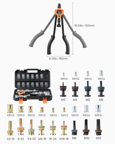 VEVOR Rivet Nut Tool Kit, 17-Inch Rivnut Tool Kit, with 13 Mandrels and 130 Nuts, Metric and SAE Size M3, M4, M5, M6, M8, M10, M12, 1/2-13, 8-32, 10-24, 1/4-20, 5/16-18, 3/8-16 UNC, a Carrying Case - size: 17", style: RIVET NUT TOOL