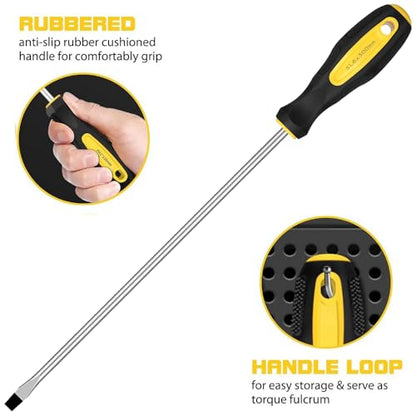 2Pcs 12-Inch Phillips & Flat Screwdriver Set, Long Cross Head & Slotted Blade Design, 6mm Tip Magnetic Extended Screwdriver - color: Black & Yellow