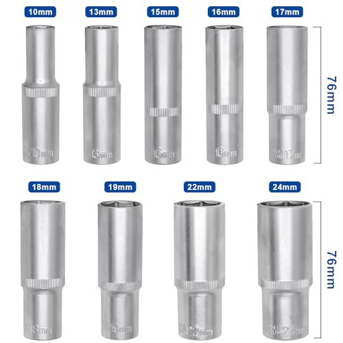 DAKCOS 9 Piece 1/2-Inch Drive Metric Deep Socket Set 10-24MM Lenth 76mm - size: 1/2"|SW 10-24 mm