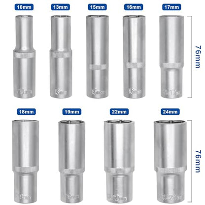 DAKCOS 9 Piece 1/2-Inch Drive Metric Deep Socket Set 10-24MM Lenth 76mm - size: 1/2"|SW 10-24 mm