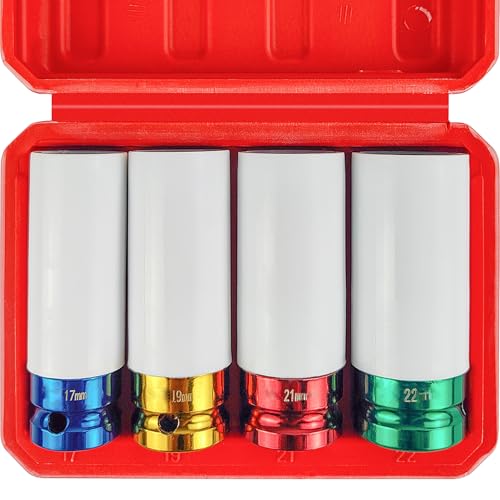 WETT 4Pcs 1/2 Inch Lug Nut Socket Set, Wheel Protector Thin Wall Deep Impact Socket, CR-V Steel, 6 Point, Metric, 17mm, 19mm, 21mm, 22mm, Plastic Socket Lug Nut - size: 4Pcs Metric