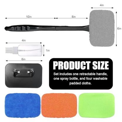 Car Windshield Cleaning Tool, Microfiber Auto Window Cleaner with 4 Cloth Pads & Long Handle, Reusable Window Cleaning Tool Kit for RV SUV Truck, Car Accessories (Green) - color: Green+Gray+Blue+Orange