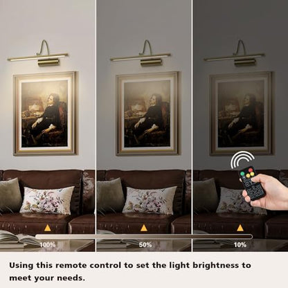 JOOSENLUX Battery Operated Picture Lights Gold Wall Lights Wireless Flexible Neck with Remote Rechargeable Wall Lights for Pictures 16" Dimmable Display Art Light with Timer 3000K Brass - color: Brass, size: Model A