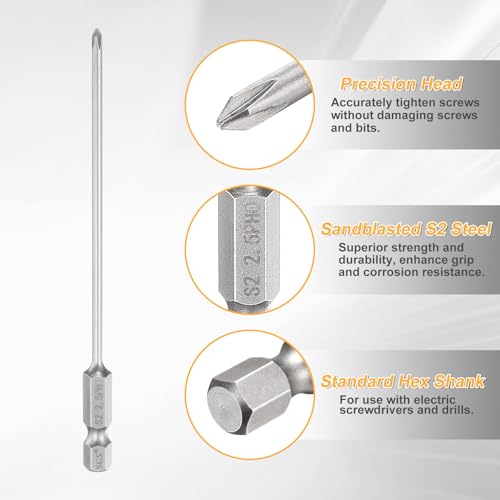 HARFINGTON 4pcs #0 Phillips Screwdriver Bit PH0 1/4" Hex Shank 4.3" (110mm) Long 0.1" Rod Magnetic Cross Head Drill Bits S2 Steel Industrial Screw Driver Bit for Electric Power Tools, Gray - size: PH0 x 4.3" x 0.1"