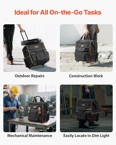 VEVOR 15" Rolling Tool Bag, 110 lbs Load Capacity, 25 Pockets Heavy Duty Roller Tool Bag on Wheels, Adjustable Telescoping Handle & Stable Base, Toolbag Organizers w/Wheels for Construction, Mechanic - size: 15 in