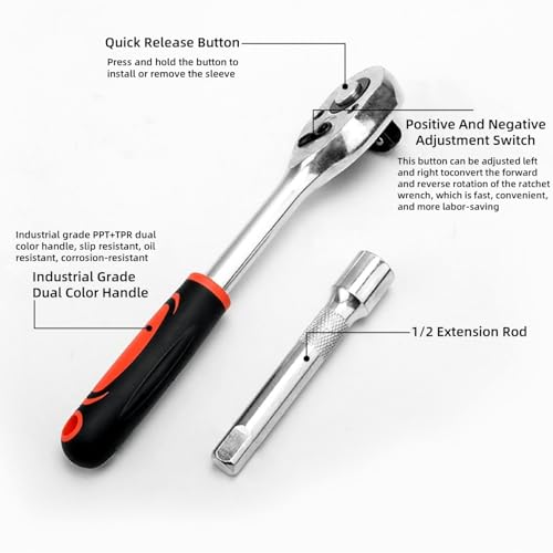 YWHWXB 1/4 Inch Ratchet Socket Wrench Set, Metric Socket Set with Quick Release Reversible Ratchet Wrench and Extension Bar, Metric SAE Mechanic Tool Kit,12 Pcs - size: Small