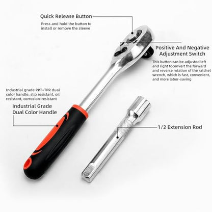 YWHWXB 1/4 Inch Ratchet Socket Wrench Set, Metric Socket Set with Quick Release Reversible Ratchet Wrench and Extension Bar, Metric SAE Mechanic Tool Kit,12 Pcs - size: Small