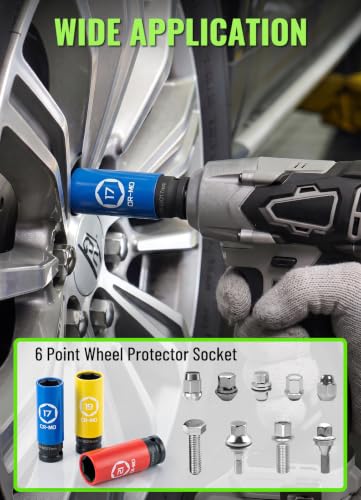3-Piece Thin Wall Impact Lug Nut Socket Set 1/2" Drive | Non-Marring CR-MO Steel, Permanent Sleeves, 17mm 19mm 21mm Metric for Aftermarket Alloy Wheels with Storage Case