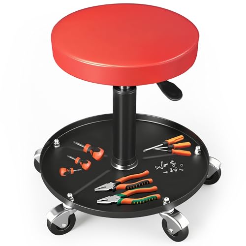 YELLOW JACKET Rolling Mechanic Stool with Wheels, Adjustable Height Pneumatic Garage Work Seat, Heavy Duty Steel Frame Mechanics Creeper Chair with Tool Tray for Auto Repair Workshop, Red - color: Red