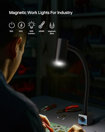 LED Magnetic Work Light, 1500lumens 20in Flexible Gooseneck Work Lamp with Strong Magnetic Base for Lathe Machines, Workbenches. 15W