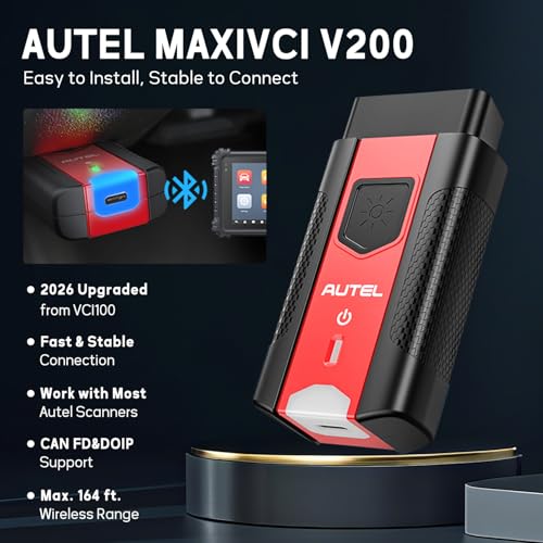 Autel MaxiVCI V200 Vehicle Communication Interface OBD2 Connector Bluetooth Adapter Work with MS906PRO MK906PRO TS ITS600 KM100 BT608 BT609 Wireless VCI200 Diagnostic DoIP CAN FD