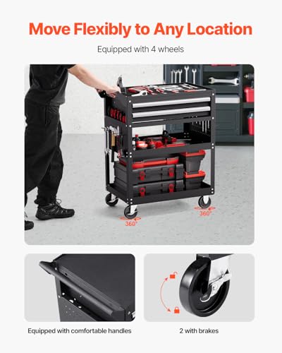 VEVOR 5-Tier Tool Cart with Wheels, 400 lbs Load Capacity, Rolling Work Cart with 2 Drawers & Pegboard, Mechanic Tool Storage Organizer with Locking System for Garage, Warehouse and Repair Shop, Black - style: 5-Tier-400 lbs with 2 Drawers
