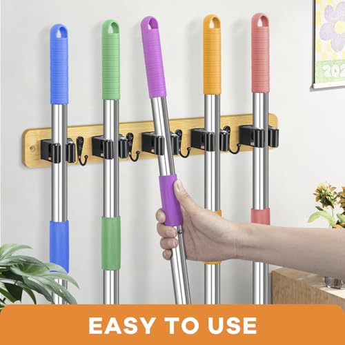 IMILLET Broom Holder Wall Mount, Bamboo Broom Hanger with 5 Racks 4 Hooks, Mop and Broom Holder Wall Mount Self Adhesive, Home Organization and Storage for Laundry Room, Closet, Utility Room - style: Bamboo-5 Slots