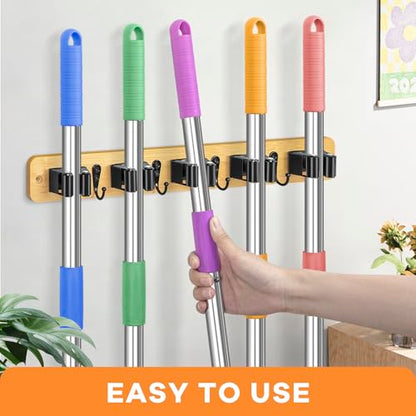 IMILLET Broom Holder Wall Mount, Bamboo Broom Hanger with 5 Racks 4 Hooks, Mop and Broom Holder Wall Mount Self Adhesive, Home Organization and Storage for Laundry Room, Closet, Utility Room - style: Bamboo-5 Slots