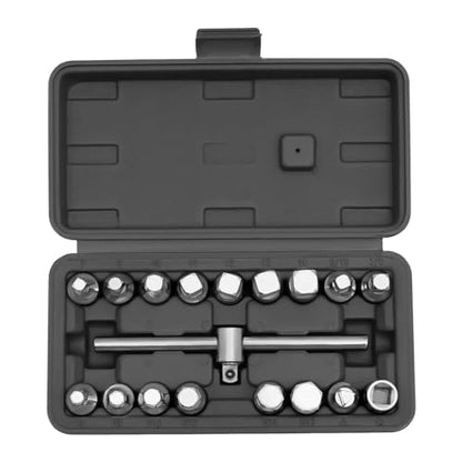 18pcs Oil Drain Pipe Plug Hexagon Square Socket Key Removal Tool Set 3/8'' Drive