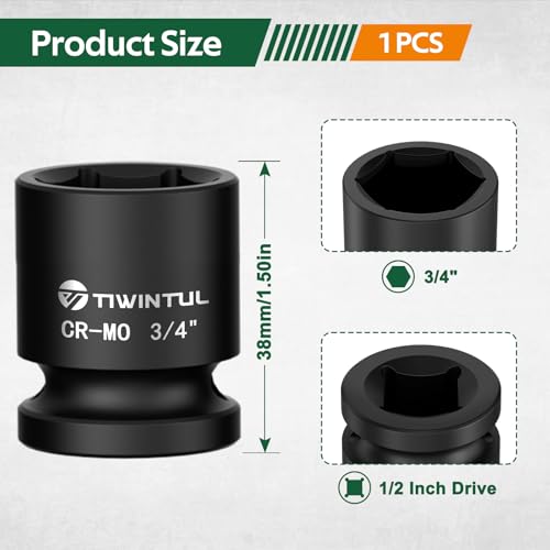3/4" Shallow Impact Socket 1/2 Inch Drive for Wheel Lug Nuts & Axle Nuts | CR-MO Steel Impact Socket, 6 Point Design, 1.5" Length, SAE Size Socket for Automotive and Industrial Equipment Maintenance - size: 3/4" (Standard)