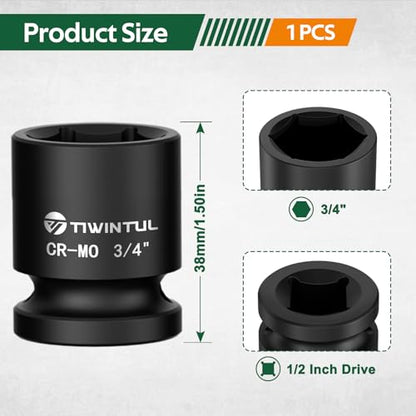 3/4" Shallow Impact Socket 1/2 Inch Drive for Wheel Lug Nuts & Axle Nuts | CR-MO Steel Impact Socket, 6 Point Design, 1.5" Length, SAE Size Socket for Automotive and Industrial Equipment Maintenance - size: 3/4" (Standard)