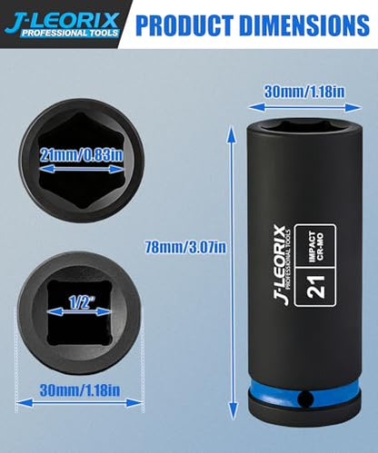 21mm Deep Impact Socket 1/2" Drive CR-MO Steel 6-Point | CR-MO steel impact socket set. 1/2" drive, 6-point design. Deep reach for lug nuts & axle nuts. - size: 21mm