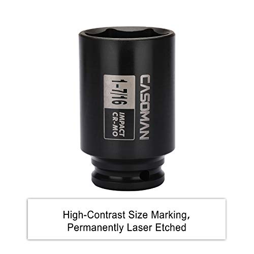 CASOMAN 6-Point 1/2-Inch Drive Deep Impact Socket- 1-7/16" (SAE), CR-MO, 1/2-inch Drive 6 Point Axle Nut Socket for Easy Removal of Axle Shaft Nuts (1-7/16") - size: 1-7/16 inch (SAE), style: 6-Point Socket