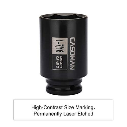 CASOMAN 6-Point 1/2-Inch Drive Deep Impact Socket- 1-7/16" (SAE), CR-MO, 1/2-inch Drive 6 Point Axle Nut Socket for Easy Removal of Axle Shaft Nuts (1-7/16") - size: 1-7/16 inch (SAE), style: 6-Point Socket